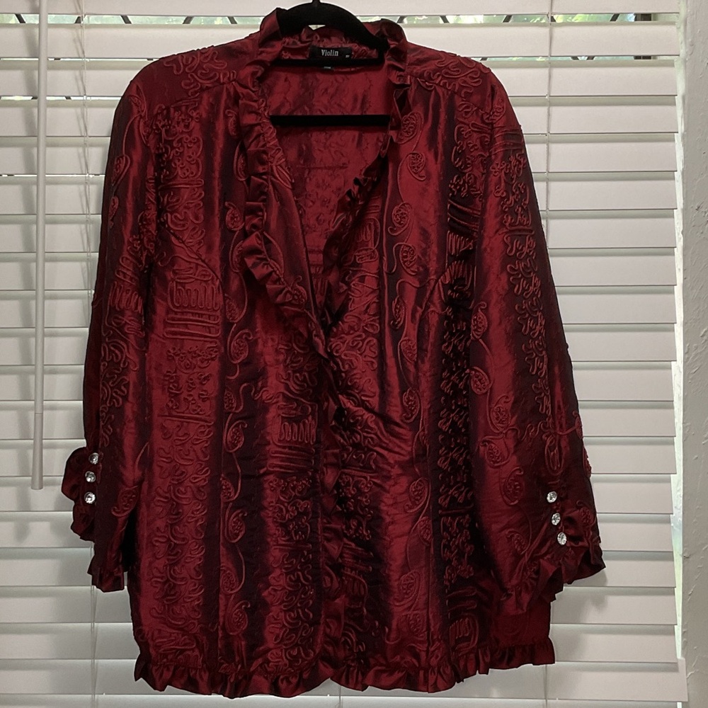 Formal Violin Ruffled trim satouche embroidered Blouse in Wine Red